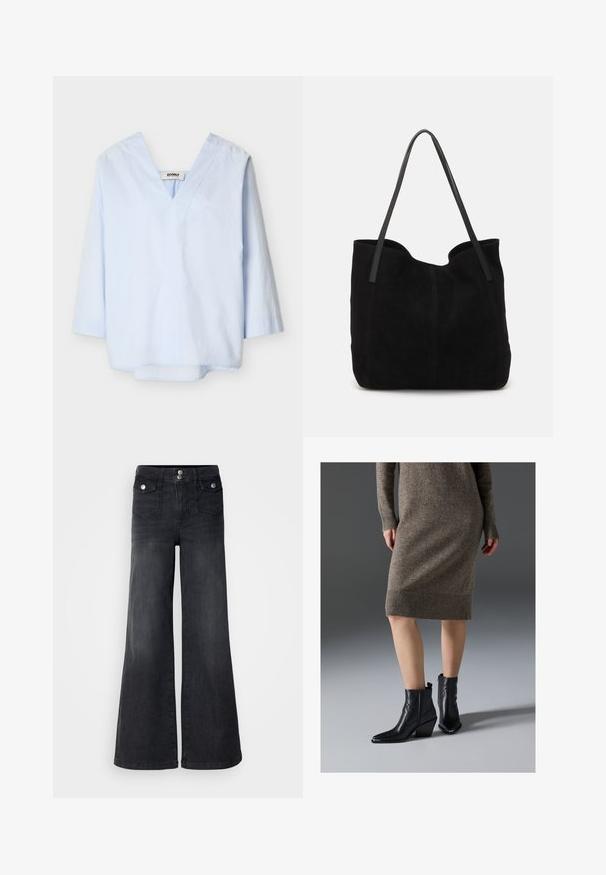 Hellblaue Bluse mit langen Ärmeln, tiefem V-Ausschnitt und lockerem Schnitt, präsentiert vor weißem Hintergrund.; Schwarze Denim-Jeans mit weitem Bein und hoher Taille, mit vorderen Knöpfen und zwei Vordertaschen; glatte Textur mit leichtem Verwaschungsfinish.; Schwarze Lederstiefeletten mit einer spitzen Zehe, einem klobigen Absatz und Zickzack-Stitching-Details, kombiniert mit einem gerippten, braunen Strickkleid.; Schwarze Wildleder-Umhängetasche mit zwei langen, flachen Ledergriffen. Sie verfügt über eine gewölbte obere Kante und sichtbare Nähte auf der Vorderseite. Keine Hardware-Details.