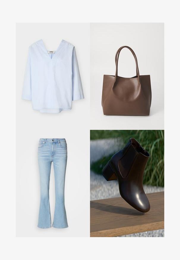 Lyseblå bluse med lange ærmer, dyb V-hals og afslappet pasform, vist på en hvid baggrund.; Lyseblå vide jeans lavet af denim med høj talje, prydet med subtil falming og en standard lynlås-lukning.; Brun læder ankelstøvle med en afrundet tå og en lav blokhælhæl, der har elastiske sidepaneler og en glat, blank finish.; Brun læder tote taske med to lange håndtag, struktureret form, glat tekstur og minimalistisk design. Ingen synligt hardware eller accenter.