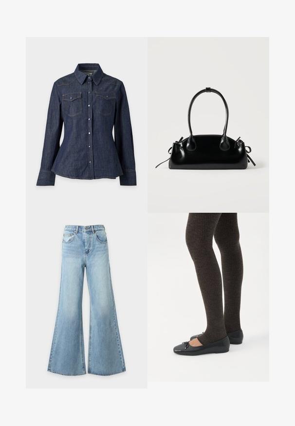Chemise en denim bleu foncé à boutons, manches longues, poches poitrine à rabat et col pointu sur fond uni.; Jean bleu clair à jambes larges en denim avec fermeture à bouton et fermeture éclair à l'avant, passants de ceinture et poches avant, présenté sur un fond uni.; Jambes portant des leggings côtelés foncés associés à des ballerines noires avec de petits détails en nœud sur fond blanc.; Petit sac à main noir brillant avec deux longues anses et des détails à cordon sur les côtés sur un fond clair uni.