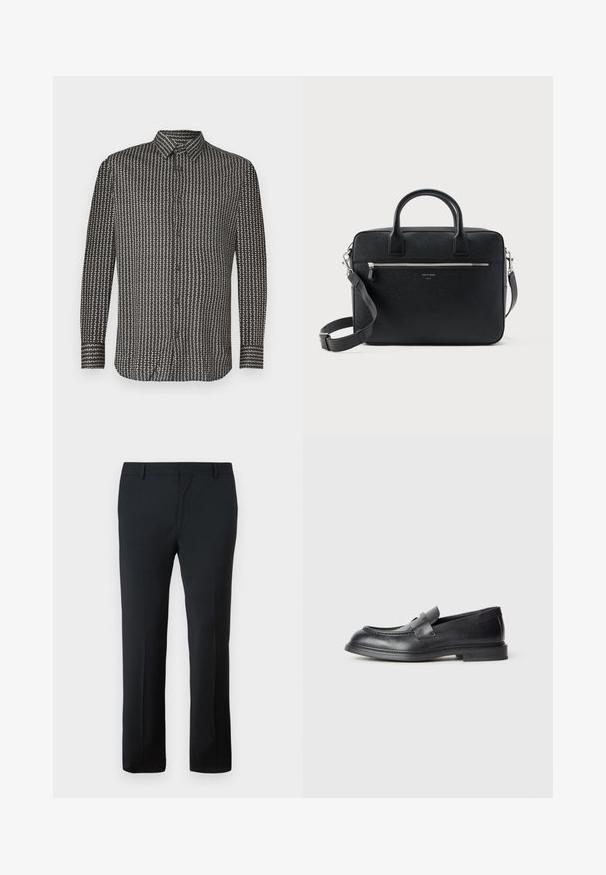 Camisa en blanco y negro con un patrón geométrico, mangas largas, cierre de botones y cuello con solapa. Hecha de una tela suave.; Pantalones tailored negros con una textura suave, diseño de pierna recta, cintura segura y sin patrones o adornos visibles.; Mocasines de cuero negro con acabado texturizado, que cuentan con una correa decorativa en la parte delantera y punta redondeada. Suela de goma para mayor durabilidad.; Maletín rectangular de cuero negro con textura, con doble asa, bolsillo frontal con cremallera y correa de hombro ajustable, mostrado sobre fondo blanco.