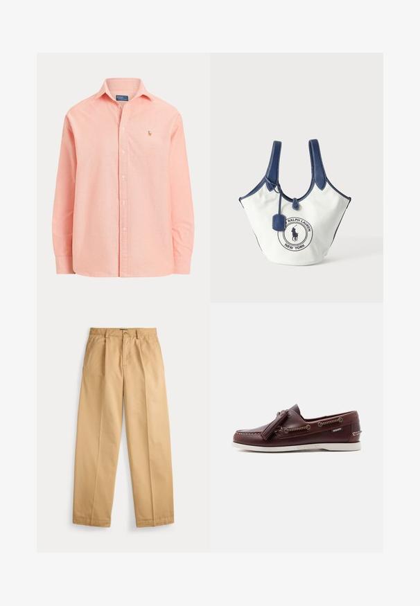 Chemise rose clair à manches longues, boutonnée, avec col et petit logo brodé sur le côté gauche de la poitrine.; Pantalon beige à jambes droites avec fermeture par bouton et zip, poches avant, passants pour ceinture et plis marqués le long des jambes.; Mocassin en cuir marron avec pompons, couture moc toe, détail de laçage latéral et semelle en caoutchouc blanche sur fond uni.; Sac cabas en toile blanche avec poignées et bordure bleu marine, avec un patch logo Ralph Lauren à l'avant et une petite étiquette suspendue.