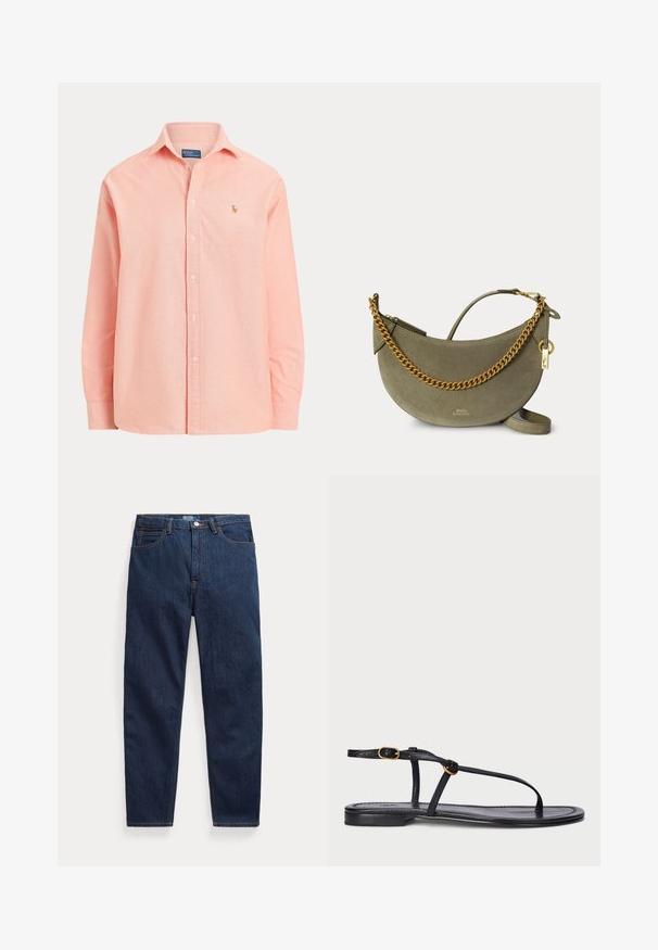 Lyserød langærmet skjorte med knapper, krave og lille broderet logo på venstre bryst.; Mørkeblå denimjeans med fem lommer, knaplukning og lige ben, lagt fladt på en hvid baggrund.; Sort flad sandal med et minimalistisk design. Har tynde stropper, en tæerem, guldhardware og en glat, tekstureret sål.; Halvmåneformet håndtaske i olivengrønt ruskind med guldkædedetaljer, guldlås og lille guldlåsanhænger på ensfarvet baggrund.