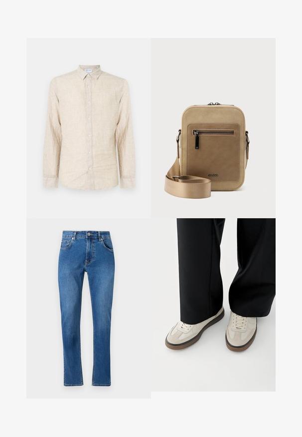 Camisa de manga larga beige hecha de tela texturizada, con un cuello clásico, cierre de botones y un corte relajado.; Jeans de mezclilla azul con diseño de pierna recta, cinco bolsillos y detalles de costura visibles. El material muestra un ligero desvanecimiento. Estilo clásico.; Pies con zapatillas beige con suelas marrones y pantalones negros de pierna ancha sobre un fondo blanco.; Bolso pequeño beige tipo bandolera con bolsillo frontal con cremallera, logo metálico de ALDO, correa ancha ajustable y forma rectangular redondeada sobre fondo blanco.