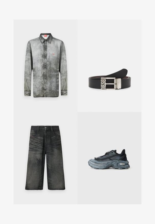 Camisa de manga larga en denim gris desgastado con cuello abotonado, que presenta un pequeño logotipo rojo en el pecho y una tela texturizada.; Pantalones cortos de mezclilla negros de pierna ancha con botón frontal, cremallera, presillas para cinturón y detalles con textura descolorida.; Zapatilla Diesel en negro y gris con suela gruesa, cierre de cordón y diseño texturizado sobre un fondo liso de color gris claro.; Cinturón de cuero negro con una hebilla de metal plateada que presenta el texto embossado "DIESEL". El diseño es elegante con una textura suave.