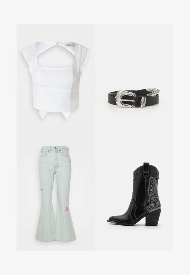 Hvid struktureret cropped top med firkantet udskæring, korte cap ærmer og udskæring på ryggen. Har en justerbar snøre detalje i kanten.; Obey Clothing RORY - Flared jeans - icy wash; Sort læder cowboystøvle med hvid stitching og udsmykning på siderne. Hælen er kraftig og struktureret med en metallisk accent.; Sort læderbælte med en stor sølvmetalspænde, der har indviklede detaljer og dekorative accenter i begge ender.