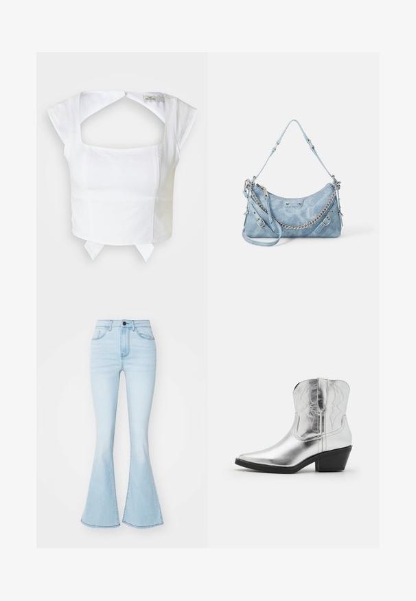 Hvid struktureret cropped top med firkantet udskæring, korte cap ærmer og udskæring på ryggen. Har en justerbar snøre detalje i kanten.; Lysblå flagrende jeans lavet af denim, med høj talje, fem lommer og en lynlås åbning med en enkelt knaplukning.; Sølvfarvede læder cowboy-støvler med spidse tæer, syede detaljer på skaftet og en moderat sort hæl. Glat og skinnende overflade.; ALDO FARALAELIAX - Håndtasker - blue