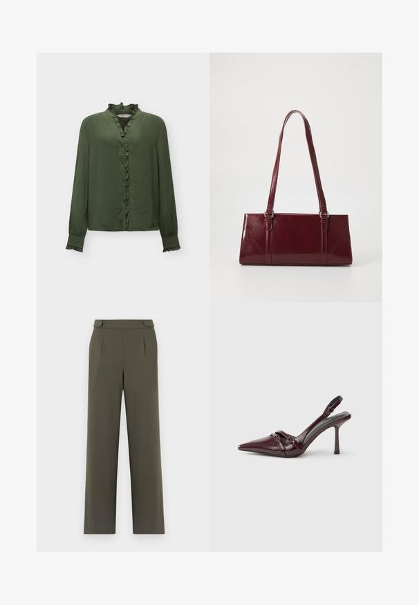 Blusa verde oscuro de manga larga con cuello con volantes, cierre frontal con botones y puños con volantes sobre un fondo blanco liso.; Pantalones verde oliva con un diseño de pierna recta, que presentan dos botones en la cintura y pliegues frontales para un detalle adicional.; Zapato de tacón slingback de charol burdeos con puntera puntiaguda, fina correa en el tobillo y pequeño detalle decorativo de hebilla. Textura suave y tacón alto.; Bolso burdeos hecho de material brillante, de forma rectangular, con dos asas para el hombro y sutiles acentos curvados en la parte frontal.