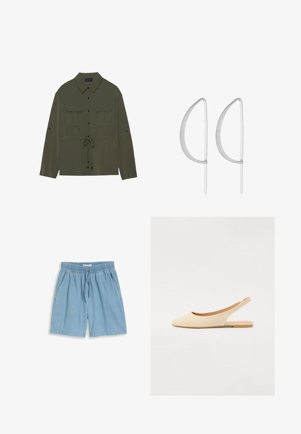 Olivengroene shirtjacket met een knoopsluiting aan de voorkant, twee borstzakken en een trekkoord in de taille. Beschikt over een klassieke kraag en lange mouwen.; Lichtblauwe denimshorts met elastische tailleband en gebonden trekkoord, voorzien van zijzakken en rechte zoom.; Beige slingback flats met een puntige neus, gemaakt van textuurstof, met een lage, flexibele zool en een open hielontwerp.; Zilveren metalen oorbellen met een minimalistisch gebogen ontwerp, met uitgerekte, open druppelvormen en een matte afwerking.