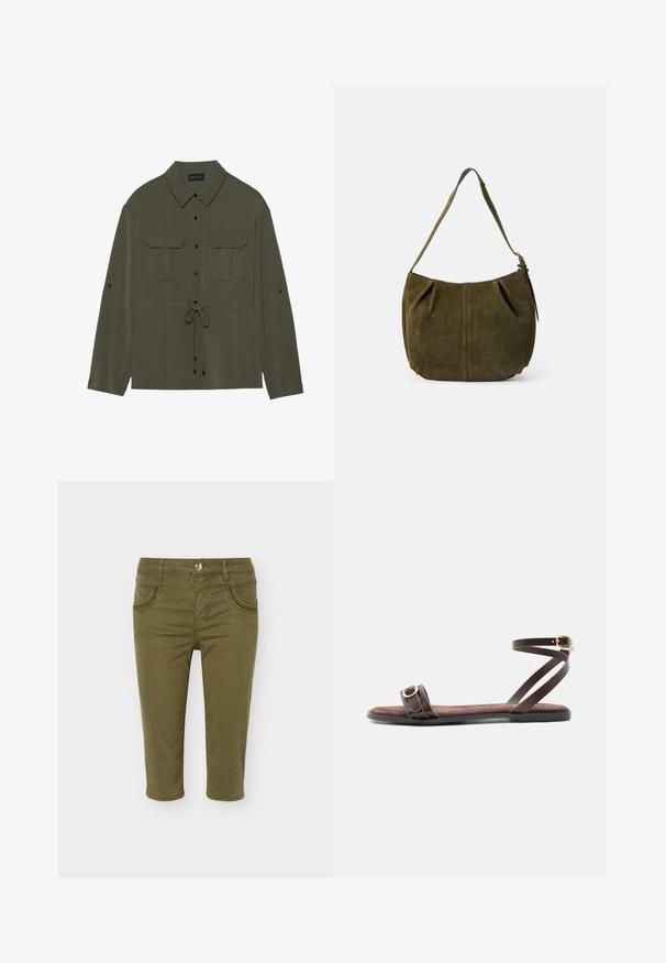 Veste chemise olive avec un devant à boutons, deux poches poitrine et une taille à cordon. Elle présente un col classique et des manches longues.; Pantalon court vert olive avec poches avant, passants pour ceinture, fermeture à boutons et détails cousus sur les poches.; Sandale plate marron avec une fine bride de cheville croisée et des boucles ajustables sur les brides des orteils et de la cheville, semelle souple.; Sac bandoulière en daim vert olive avec une sangle, un détail de couture centrale et une tirette de fermeture éclair latérale, sur un fond clair uni.