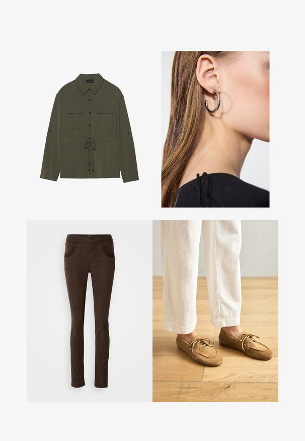 Olivenfarbener Hemdjacke mit Knopfverschluss, zwei Brusttaschen und einem Kordelzug in der Taille. Verfügt über einen klassischen Kragen und lange Ärmel.; Braune, schlank geschnittene Stoffhosen aus Baumwollmischgewebe. Verfügt über eine dekorative Steppnaht an den Fronttaschen, einen Knopfverschluss und eine glatte Textur.; Braune Wildleder-Bootsschuhe mit Schnürsenkeln, abgerundeter Zehenpartie und gesteppten Akzenten. Getragen mit weißen Cordhosen in einer Holzumgebung.; Silberne Creolen mit polierter Oberfläche, die kleine goldene Akzentdetails und eine runde Form aufweisen, am Ohrläppchen getragen.