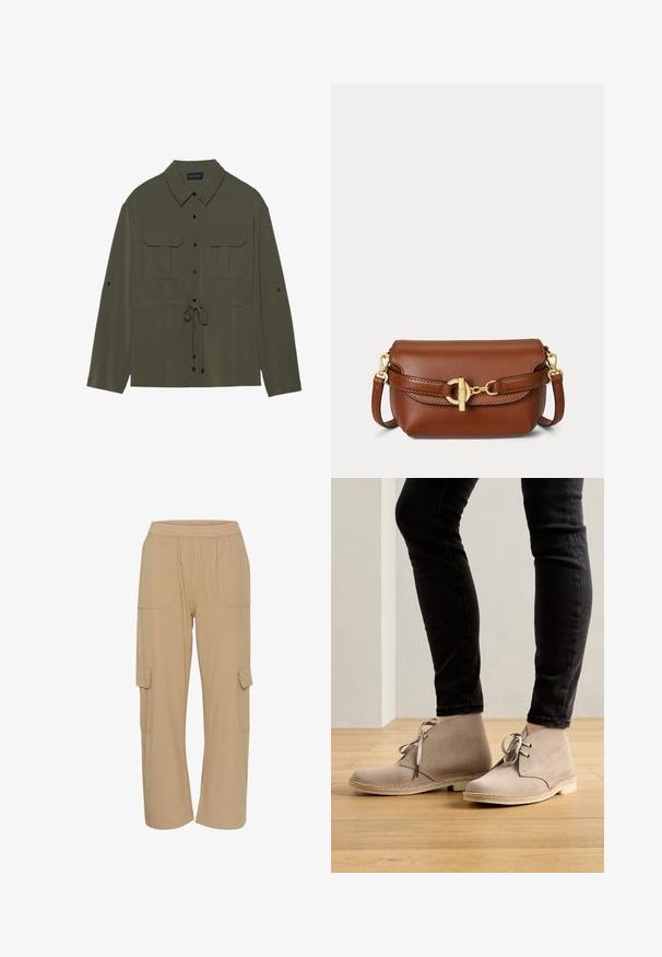 Olivenfarvet skjortejakke med knaplukning, to brystlommer og snor i taljen. Har klassisk krave og lange ærmer.; Beige cargo bukser med elastisk talje, sidelommer og en afslappet pasform. Fremstillet af letvægts, tekstureret stof.; Beige ruskind ankelstøvler med en rund tå, snørebåndsdesign og kontrasterende syninger, båret med sorte tætsiddende bukser på et trægulv.; Brun læder crossbody taske med guldfarvet spænde og justerbar rem på hvid baggrund.