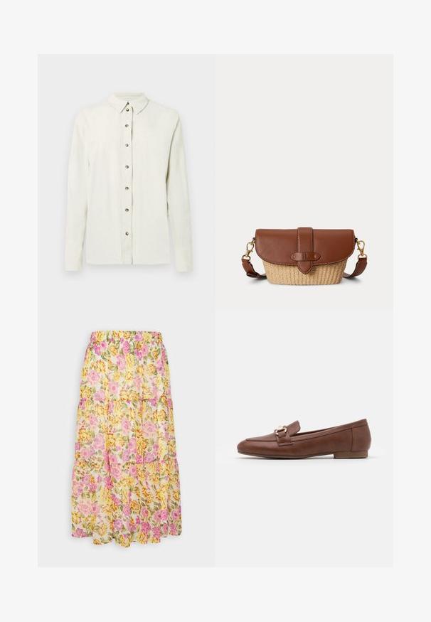 Chemise à manches longues beige clair en tissu texturé, dotée d'une patte de boutonnage avec des boutons métalliques et d'un col classique.; VILA VIMAGGIE MIDI SKIRT - Jupe trapèze - cloud dancer; Mocassins en cuir marron avec une semelle plate, un design surpiqué et un détail de boucle en ton doré sur la bride à travers le coup de pied.; Sac bandoulière en cuir marron et paille tissée avec fermeture à rabat et sangle réglable avec fermoirs dorés.