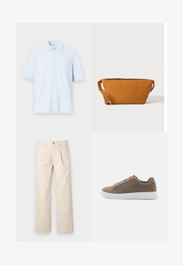 Camisa de manga corta azul claro, hecha de una tela suave, con un cierre de botones en la parte delantera y un diseño de cuello clásico.; Pantalones de pierna ancha beige con cintura alta, que cuentan con pliegues frontales, cierre con botón en la parte delantera y una suave tela de algodón.; Zapatillas de ante marrón con suelas de goma blanca planas, diseño de cordones, punta redondeada y una textura suave. Estilo minimalista con sutiles detalles de costura.; Bolso bandolera de cuero marrón claro con correa ajustable y cierre de cremallera, mostrado sobre un fondo claro y liso.