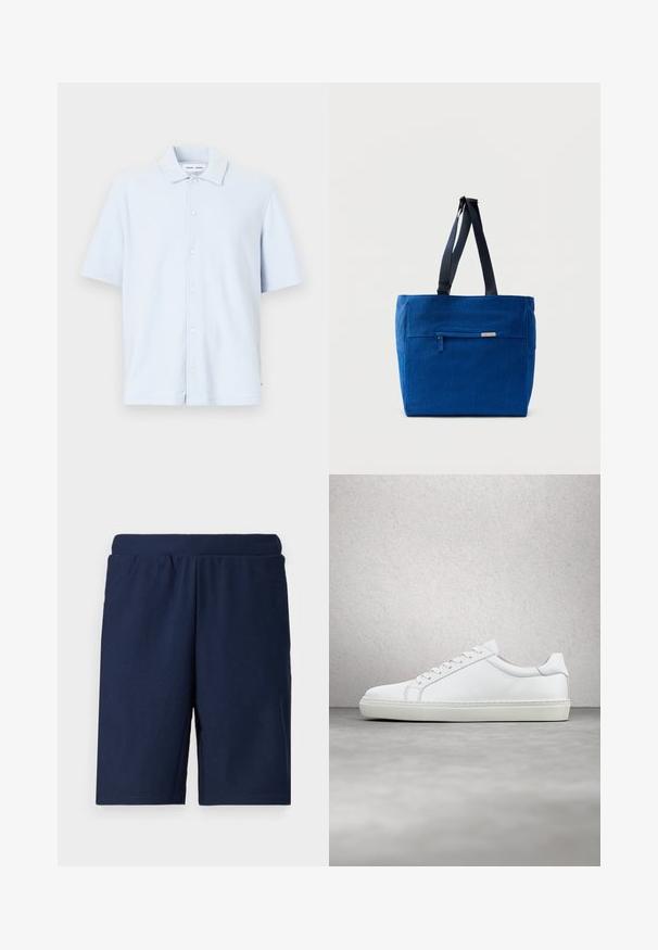 Helles blaues Kurzarmhemd aus weichem Stoff, mit einer durchgehenden Knopfleiste und einem klassischen Kragendesign.; Navyblaue Sportshorts mit gerippter Textur, elastischem Bund und geradem Schnitt, entworfen für Komfort und Bewegungsfreiheit.; Weißer Sneaker mit glattem Lederobermaterial und niedrigem Profil. Verfügt über eine runde Zehenpartie, sechs Ösen und eine strukturierte Gummisohle.; Blaue Canvas-Einkaufstasche mit einer vorderen Reißverschlusstasche, doppelten Schulterriemen und rechteckiger Form. Verfügt über ein dezentes Markenlabel.