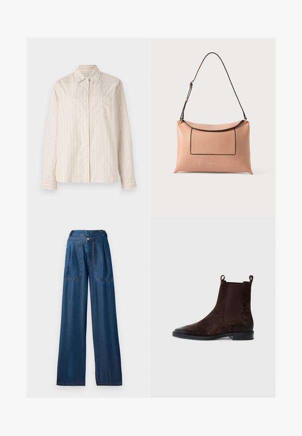 Lange mouwen shirt in lichtbeige met verticale strepen in cream en lichtoranje. Heeft een kraag en een enkele borstzak.; Donkerblauwe wijde jeans van denim, met twee voorzakken, een knoopsluiting en contrasterende oranje stiksels.; Kennel + Schmenger AMBER - Lage laarzen - pepe; Rechthoekige zachte roze leren schoudertas met zwarte bies, verstelbare riem, voorvak met klep en klein gouden logodetail.