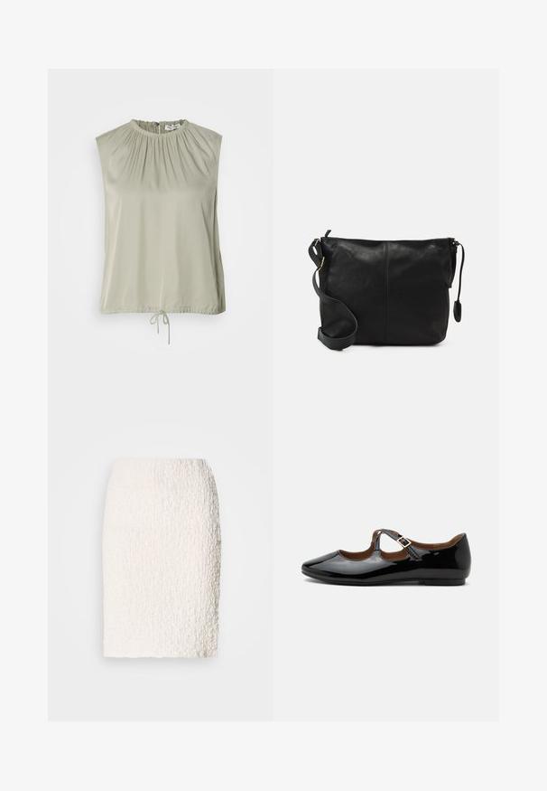 Top sans manches de couleur vert clair, fabriqué en tissu lisse. Présente un col froncé et un ourlet à cordon de serrage pour un ajustement réglable.; Jupe crayon blanche texturée avec une surface légèrement duveteuse, longueur genoux, présentant un design ajusté et sans fermetures ni embellissements visibles.; Chaussure plate Mary Jane en cuir verni noir avec deux découpes et une bride à boucle dorée sur fond blanc.; Sac bandoulière en cuir noir avec une forme plate, accents en métal doré et une sangle ajustable. Texture lisse avec des détails de couture minimaux.