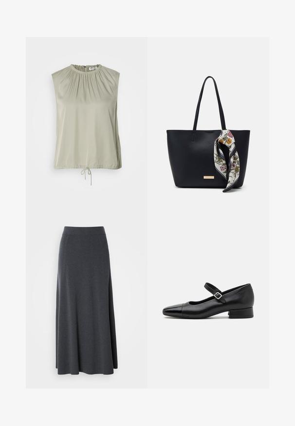 Top sin mangas en verde claro, hecho de una tela suave. Presenta un escote fruncido y un dobladillo ajustable con cordón para un ajuste personalizado.; Larga falda maxi de color gris oscuro, hecha de tela suave y elástica. Presenta una cintura alta y un diseño fluido, con costuras laterales sutiles para darle forma.; Zapatos Mary Jane de cuero negro con puntera de charol, correa de tobillo ajustable y tacón bajo. Textura suave y diseño elegante.; Bolso de tote de cuero negro con dos asas, decorado con una bufanda de seda floral atada en el asa y un acento metálico con el logotipo en el frente.