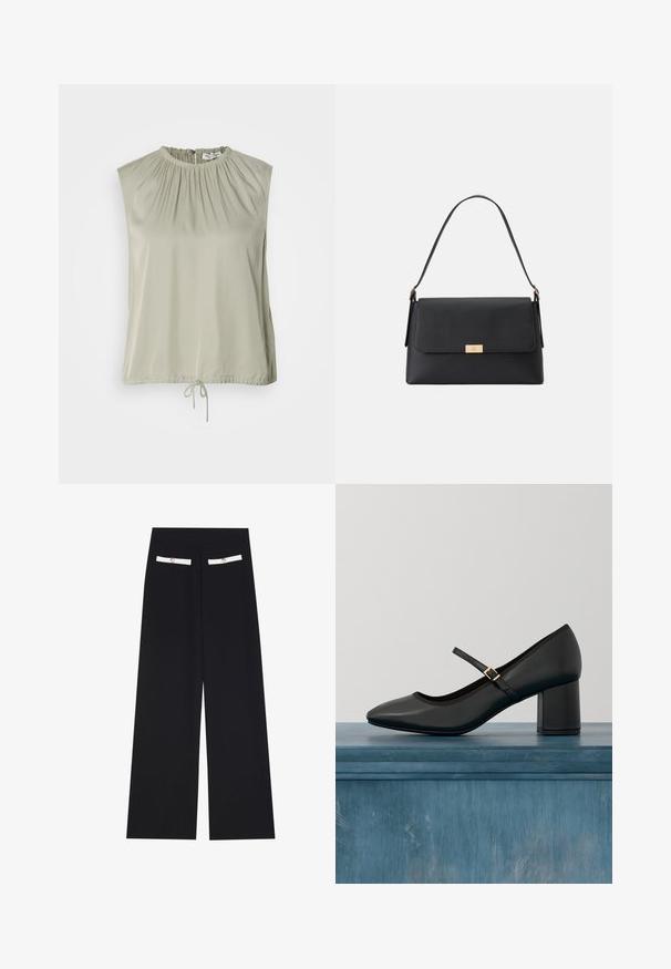 Top sin mangas en verde claro, hecho de una tela suave. Presenta un escote fruncido y un dobladillo ajustable con cordón para un ajuste personalizado.; Pantalones de pierna ancha negros hechos de una tela suave, con dos bolsillos en la parte frontal adornados con blanco y botones decorativos.; Zapato negro tipo Mary Jane con tacón cuadrado y tira de hebilla dorada, flotando sobre un suelo de hormigón liso en un ambiente interior minimalista.; Bolso de mano negro hecho de un material texturizado con una forma estructurada. Presenta un cierre de solapa, un acento en tono dorado y un asa sencilla.