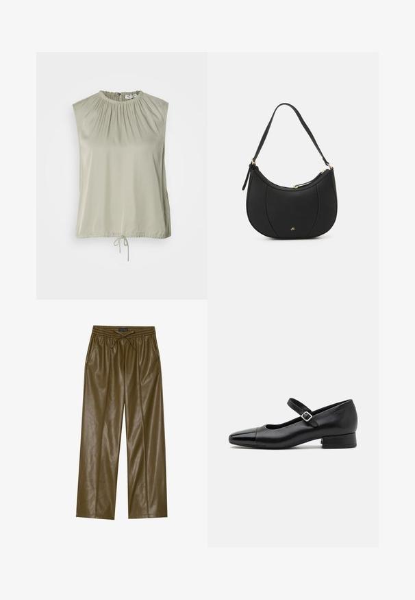 Top sans manches de couleur vert clair, fabriqué en tissu lisse. Présente un col froncé et un ourlet à cordon de serrage pour un ajustement réglable.; Pantalons large en simili cuir vert olive avec une taille élastique et un cordon de serrage réglable. Comprend deux poches latérales et une texture lisse.; Chaussures Mary Jane en cuir noir avec un embout en vernis, une sangle cheville réglable et un petit talon carré. Texture lisse et design élégant.; Sac à main en cuir noir avec une forme courbée, surface texturée, coutures avant et un logo doré. Il est doté d'une seule sangle ajustable.