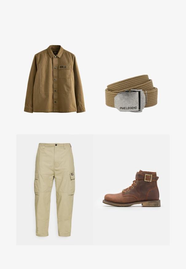 Veste en toile marron avec un col, fermeture par boutons sur le devant, deux poches poitrine et un tissu texturé. Design inspiré de l'armée.; Pantalons cargo beiges en tissu durable, avec deux poches latérales, une fermeture à bouton, et des jambes fuselées avec une texture lisse.; Harley Davidson VNTGMOTO SHORT RIDING APPROVED - Bottines de cowboy / motard - brown; Ceinture en tissu tissé couleur fauve enroulée, avec une boucle rectangulaire en métal argenté gravée de "PME LEGEND".