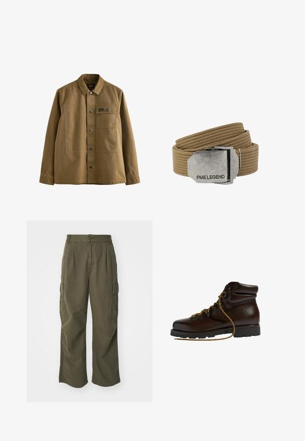 Brun canvasjakke med krave, frontlukning med knapper, to brystlommer og struktureret stof. Militær-inspireret design.; Cargo bukser i olivengrøn, lavet af bomuld, med et bredt ben design, læg og sidelommer til praktisk anvendelse.; Brun læder vandrestøvle med en afrundet tå, tekstureret overflade, gule snørebånd og metaløjer. Har en robust sort gummisål.; Tanfarvet vævet stofbælte rullet sammen med en rektangulær sølvmetal spænde indgraveret med "PME LEGEND."