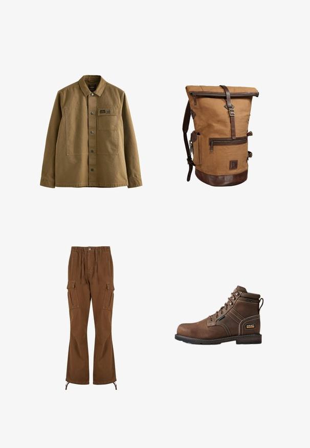 Chaqueta de lona marrón con cuello tipo solapa, cierre frontal de botones, dos bolsillos en el pecho y tejido texturizado. Diseño inspirado en el estilo militar.; Pantalones cargo marrones con cintura elástica, detalles de cordón, dos bolsillos laterales y piernas más anchas con dobladillos ajustables.; Bota de trabajo marrón de cuero con cordones, puntera de acero, etiqueta impermeable, cuello acolchado en el tobillo y logo Ariat Work en el talón.; Mochila marrón de lona con cierre enrollable, correas de cuero, bolsillo delantero con cremallera, bolsillo lateral y base de cuero, aislada sobre fondo blanco.