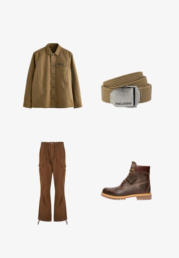 Bruine canvasjas met een kraag, voorkant met knoopsluiting, twee borstzakken en een gestructureerde stof. Militaire inspiratie in het ontwerp.; Bruine cargobroek met een elastische tailleband, trekkoorddetails, twee zijzakken en bredere pijpen met verstelbare zoom.; Bruine leren enkelboot met een ronde neus, stevige zool, hardware in goudkleur en een gestructureerde bovenkant. Inclusief een merklabel dat is bevestigd.; Tan geweven stoffen riem opgerold met een rechthoekige zilveren metalen gesp gegraveerd met "PME LEGEND."