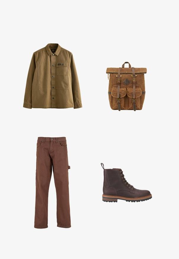 Brun canvasjakke med krave, frontlukning med knapper, to brystlommer og struktureret stof. Militær-inspireret design.; Brune cargo bukser lavet af robust stof, med et lige ben-design, frontlommer og en sidelomme med klap.; Brune læder støvler med snørebånd ved anklen, med en tekstureret overflade, kontrasterende beige såler og metaløjer. Har en trækflig for nem påtagning.; Brun voksdug rygsæk med læderaccenter, topklap, frontlommer og justerbare stropper. Har en metallynlås og syningsdetaljer.