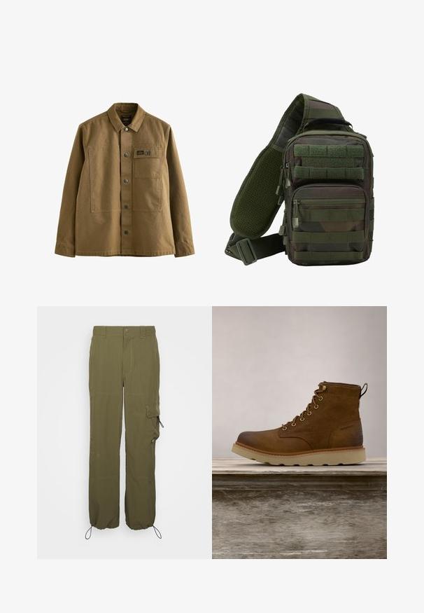 Brun canvasjakke med krave, frontlukning med knapper, to brystlommer og struktureret stof. Militær-inspireret design.; Olivenfarvede cargo-bukser lavet af letvægtsstof. Funktioner inkluderer knaplukning, sidelommer og justerbare manchetter med snore.; Brune vandtætte ankelstøvler lavet af tekstureret læder, med gyldne øjer, en rund tå og en let, tekstureret gummisål.; Grøn camouflage sling rygsæk med flere lynlåslommer, en justerbar rem og et netpanel på ryggen for ventilation.