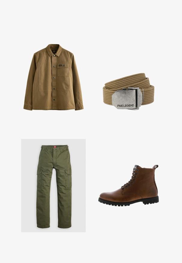 Chaqueta de lona marrón con cuello tipo solapa, cierre frontal de botones, dos bolsillos en el pecho y tejido texturizado. Diseño inspirado en el estilo militar.; Pantalones cargo verde oliva hechos de una tela duradera, con bolsillos laterales, cierre de botón y un diseño de pierna recta.; Botas de cuero marrón hasta el tobillo con acabado texturizado, ojales de metal y suela de goma negra con protuberancias. Presenta una lengüeta en la parte posterior para facilitar su uso.; Cinturón de tela tejida color beige enrollado con una hebilla rectangular de metal plateado grabada con "PME LEGEND."