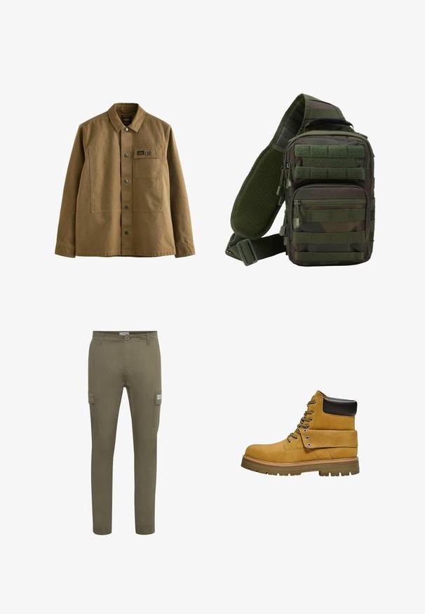Veste en toile marron avec un col, fermeture par boutons sur le devant, deux poches poitrine et un tissu texturé. Design inspiré de l'armée.; Pantalons cargo couleur olive en tissu léger, avec une coupe droite, des poches latérales et des poignets élastiques à la cheville.; Botte de travail beige avec col noir rembourré, laçage à l'avant, rabat replié maintenu par des œillets métalliques et semelle épaisse en caoutchouc crantée.; Sac à dos en bandoulière camouflage vert avec plusieurs poches zippées, une sangle réglable et un panneau arrière en mesh pour la ventilation.