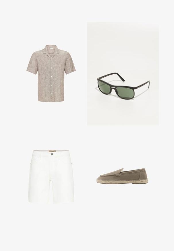 Beiges Leinenhemd mit kurzen Ärmeln, einem Camp-Kragen und weißen Knöpfen auf der Vorderseite.; Weiße Denim-Shorts mit einem klassischen Fünf-Taschen-Design, Metallknopfverschluss und kontrastierenden Stickdetails. Glatte Textur und gerader Schnitt.; Beiger Wildleder-Slipper-Espadrille mit abgesteppten Details und geflochtener Jutsohle, seitlich auf weißem Hintergrund gezeigt.; Schwarze Sonnenbrille mit grün getönten Gläsern, rechteckiger Form, glatten Kunststoffrahmen und dezentem Logodetail an den Bügeln.