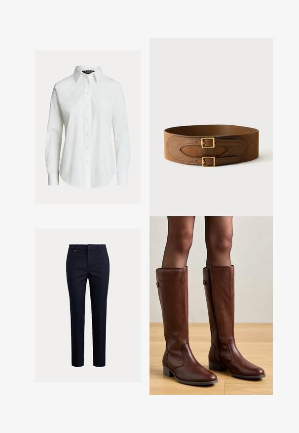 Chemise blanche à manches longues avec col pointu, boutons sur le devant et ourlet légèrement incurvé.; Pantalon chino marine en mélange de coton, coupe fuselée, devant plat, poches latérales et une poche arrière unique ; orné d'un petit logo doré.; Anna Field by Zalando LEATHER - Bottes - brown; Ceinture large en daim marron avec deux boucles carrées dorées et détails en cuir sur fond blanc uni.