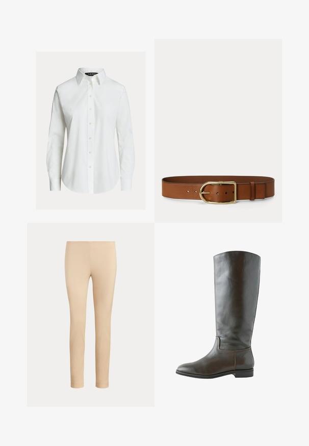 Hvid skjorte med lange ærmer, knapper foran, spids krave og let buet kant.; Beige slim-fit ankellange bukser med en glat finish og uden synlige lommer eller pynt på en ensfarvet baggrund.; Brun læder knæhøj støvle med en glat overflade, rund tå og minimal syning. Sålen er flad med en lav hæl.; Brunt læderbælte med stor gylden oval spænde og flere justeringshuller vist på en ensfarvet baggrund.