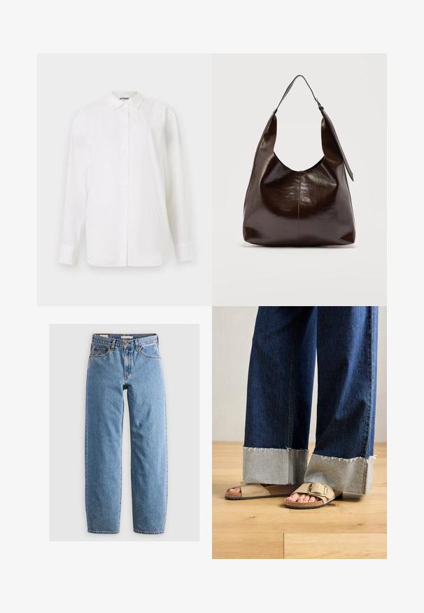 Camisa blanca de botones hecha de tela suave. Presenta un cuello clásico, mangas largas y un corte recto sin patrones ni embellishments visibles.; Jeans de mezclilla azul claro con un diseño de pierna recta, cinco bolsillos, cremallera y una textura sutilmente desgastada. Estilo clásico con un hardware mínimo.; Pies con sandalias Birkenstock beige con hebillas de oro, combinadas con jeans de mezclilla azul oscuro enrollados en los puños, de pie sobre un suelo de madera.; Bolso de hombro de cuero marrón oscuro brillante con una sola correa ancha y detalle de hebilla en un lado, colocado sobre un fondo claro y sencillo.