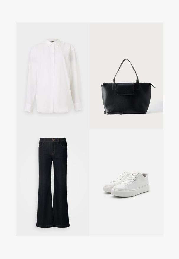 Hvid skjorte med knap-lukning lavet af glat stof. Har en klassisk krave, lange ærmer og en lige pasform uden synlige mønstre eller udsmykninger.; Mos Mosh MMDARA DELUXE JEANS - Jeans Relaxed Fit - dark blue; Hvide lavtop sneakers med en glat lærredsoverdel, rund tå og tyk gummisål. Har snørebånd foran og et minimalistisk design.; Sort lædertaske med to håndtag, en aftagelig rem, magnetisk flaplukning og en glat overflade. Lynlåslukning øverst og dekorative syninger.