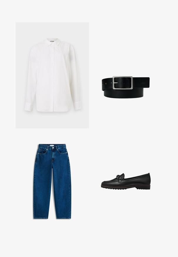 Camisa blanca de botones hecha de tela suave. Presenta un cuello clásico, mangas largas y un corte recto sin patrones ni embellishments visibles.; Vaqueros de mezclilla azul con un ajuste relajado, piernas rectas, diseño de cinco bolsillos y cierre de botones. Presentan detalles de costura sutiles.; Mocasines de cuero negro con un acento trenzado en la parte delantera, suela de goma plana y detalles de costura a lo largo del borde.; Cinturón de cuero negro con hebilla rectangular plateada y múltiples orificios de ajuste, colocado plano sobre un fondo blanco.