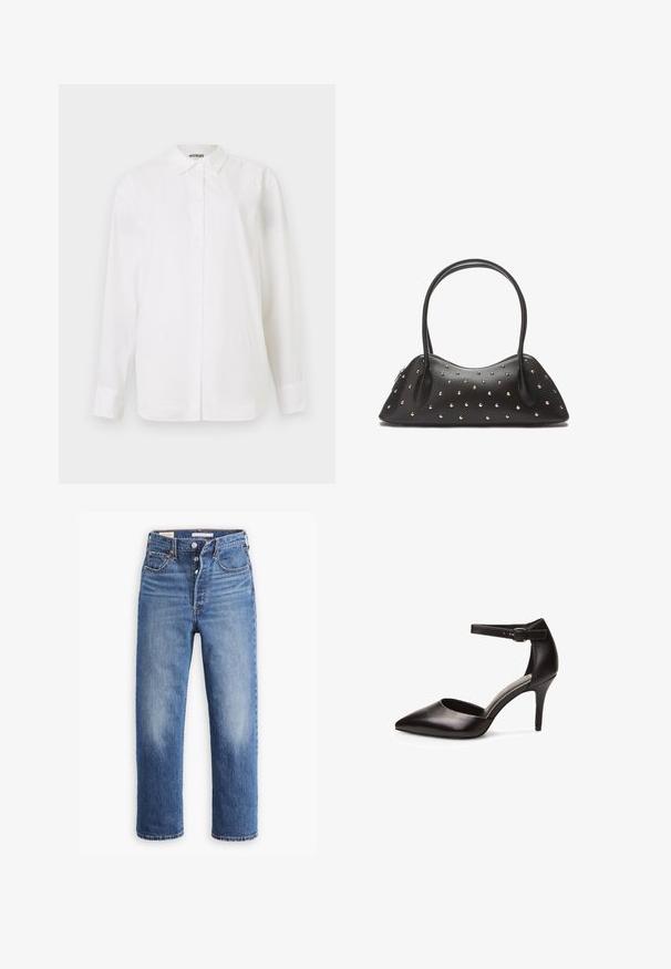 Camisa blanca de botones hecha de tela suave. Presenta un cuello clásico, mangas largas y un corte recto sin patrones ni embellishments visibles.; Vaqueros de mezclilla azul con cintura alta, diseño de pierna recta y áreas desgastadas. Presentan bolsillos frontales y herrajes de metal.; Zapato de tacón alto de cuero negro con punta afilada, tira en el tobillo y tacón delgado. Textura suave y hardware minimalista.; Bolso de cuero negro con forma curva, decorado con tachuelas metálicas de varios colores en toda la superficie. Incluye asa larga.