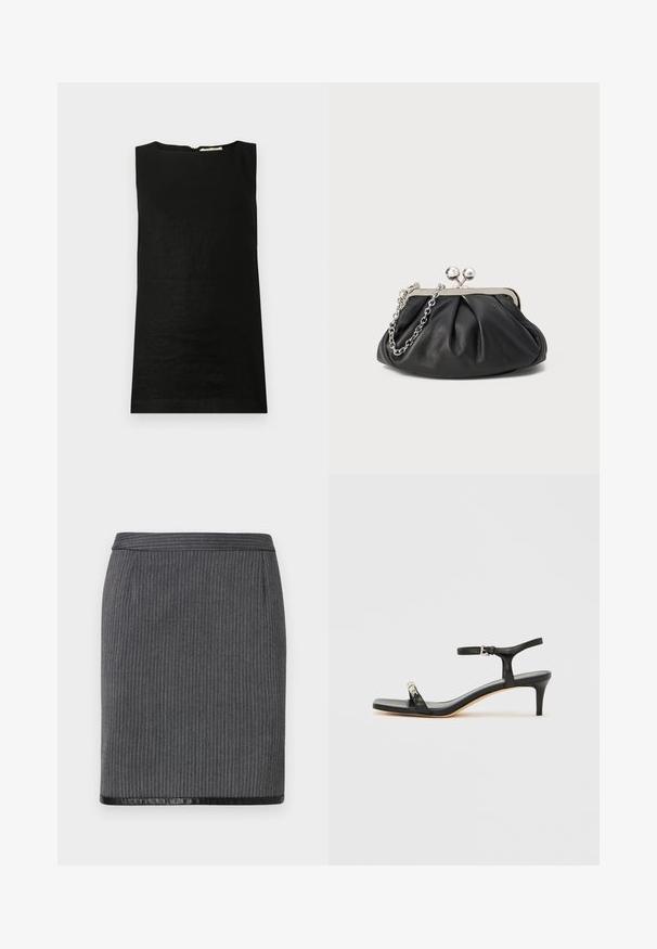 Ærmeløs sort top lavet af et let materiale. Har en rund halsudskæring og en skjult lynlås i ryggen til lukning.; Grå ribbet blyantskirt med en glat sort kant. Har et tætsiddende design og et standard liv. Teksturen er vævet og sofistikeret.; Sort læder sandal med hæl og ankelrem, åben tå, firkantet front og sølvfarvede metalaccenter. Figurformet design med en slank profil.; Sort læder clutch med samlet tekstur, sølvfarvet metalramme, kys-lås lukning og kædestrop. Glat, blød overflade.