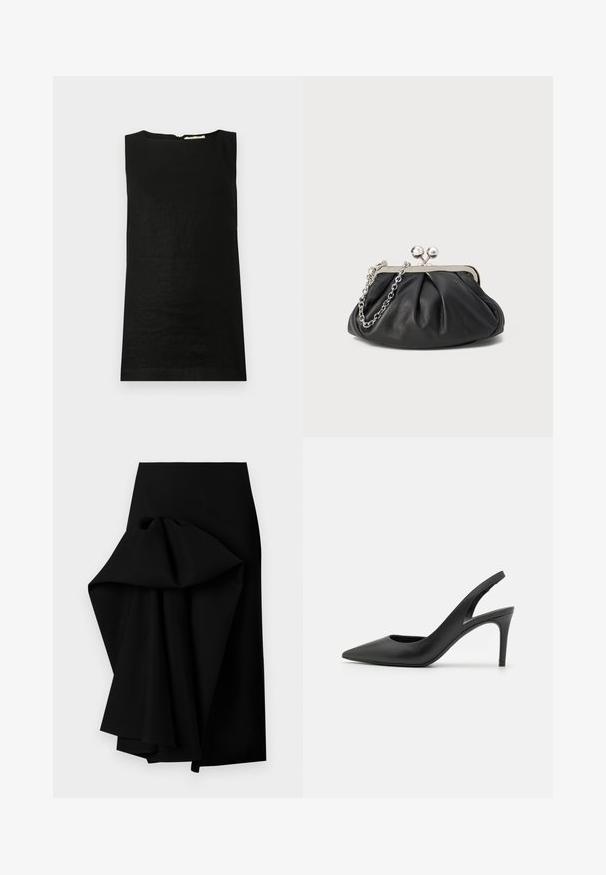 Haut sans manches noir en tissu léger. Il présente un col arrondi et une fermeture éclair dissimulée au dos.; Jupe noire en tissu lisse, présentant un design drapé surdimensionné d'un côté, formant un ourlet asymétrique.; Escarpins à talon aiguille en cuir noir, avec un design à bout pointu, présentant une découpure à l'avant et un talon fin.; Porte-monnaie en cuir noir avec texture froncée, cadre en métal argenté, fermeture à verrouillage kiss-lock et bandoulière en chaîne. Surface lisse et douce.