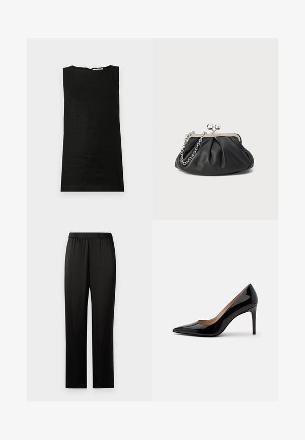 Haut sans manches noir en tissu léger. Il présente un col arrondi et une fermeture éclair dissimulée au dos.; Pantalons noirs à jambes droites avec ceinture élastique, en tissu lisse, sans poches ni embellissements visibles, présentés sur un fond blanc.; Escarpin en cuir verni noir à talon haut avec bout pointu et talon aiguille, présenté de profil sur un fond blanc uni.; Porte-monnaie en cuir noir avec texture froncée, cadre en métal argenté, fermeture à verrouillage kiss-lock et bandoulière en chaîne. Surface lisse et douce.