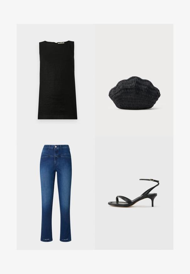 Haut sans manches noir en tissu léger. Il présente un col arrondi et une fermeture éclair dissimulée au dos.; Jean en denim bleu foncé avec taille haute, coupe slim, jambes droites et deux poches avant. Comprend un bouton en métal et des accents de couture.; Sandale pour femme en cuir noir avec fines lanières, une boucle d'orteil, une boucle à la cheville et un talon aiguille de hauteur moyenne sur un fond neutre.; Sac à main en osier noir en forme de coquille Saint-Jacques avec un dessus courbé et une texture tressée sur un fond uni.