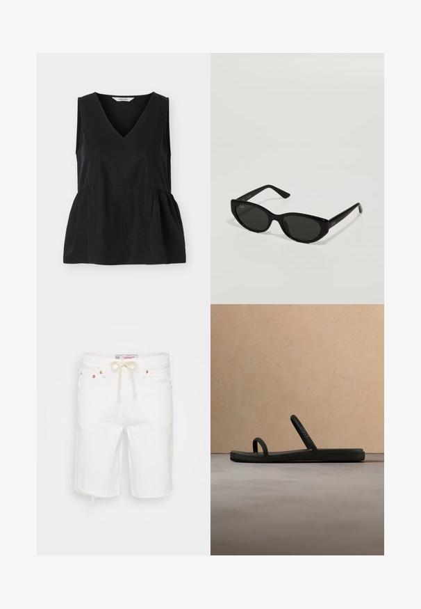 Haut noir sans manches avec col en V et coutures latérales froncées créant une forme légèrement évasée.; Shorts en denim blanc avec un ourlet effiloché, featuring une taille à cordon, cinq poches et des accents en métal couleur cuivrée.; Sandale Crocs noire à doubles brides minimalistes flottant au-dessus d'un tapis beige dans une pièce aux tons neutres avec un fond de meubles doux.; Lunettes de soleil noires avec une forme étroite et en œil de chat. Fabriquées en plastique lisse, elles présentent des verres foncés et de subtils accents de logo sur les branches.