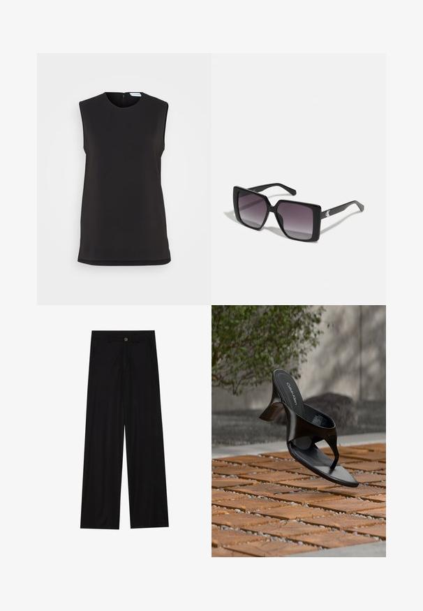 Calvin Klein STRUCTURE SLEEVELESS - Topper - black; Bredde ben sorte bukser laget av et glatt stoff, med frontlommer og knappelukking i midjen. Minimalistisk design uten mønstre.; Svart Calvin Klein sandal med hæl og thong-stropp som svever over en flislagt utendørs overflate med grøntområder og en betongvegg i bakgrunnen.; Svarte firkantede solbriller med grå gradientlinser. Skinnende rammer med rene linjer. Sølvlogo aksent på stengene.