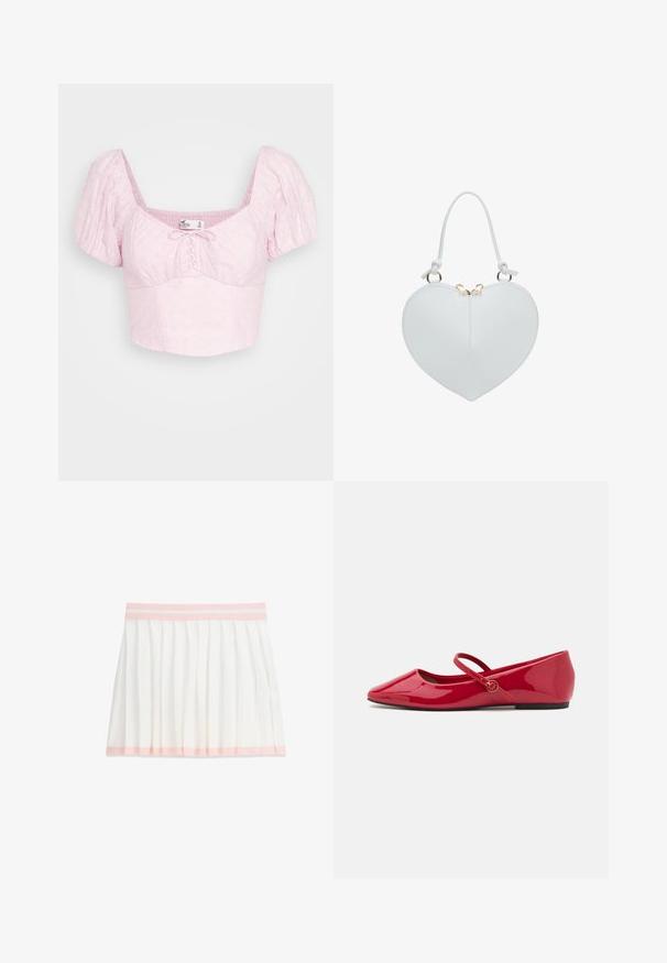 Hollister Co. UP PUFF SLEEVE - T-Shirt print - pink; Weißer plissierter Rock mit hellrosa Taillenbund und Saumdetail, knielang, flach auf weißem Hintergrund liegend.; Rote Ballerinas aus Lackleder mit spitzer Schuhspitze, Knöchelriemen und kleinem runden Akzent am Riemen. Flache Sohle und glatte Oberfläche.; Weiße Lederhandtasche in Herzform mit kurzem Griff und goldfarbenem Reißverschluss oben in der Mitte.