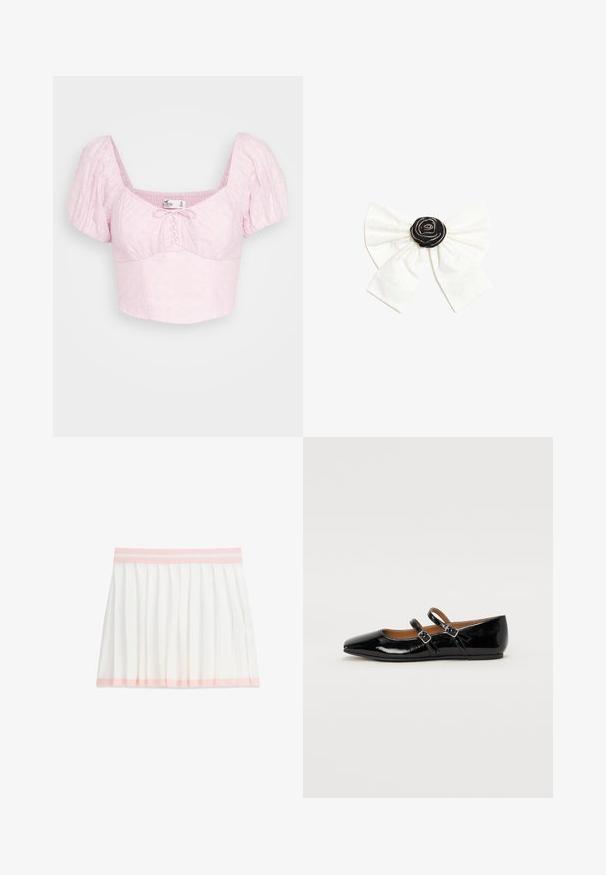 Hollister Co. UP PUFF SLEEVE - Trükipildiga T-särk - pink; Valge voltidega seelik, millel on heleroosa vöökoht ja äärekate, põlveni, lamades valgel taustal.; Mustast lakknahast baleriinaking kitseneva varbaosaga, kahe reguleeritava pandlaga rihmaga ja madala tallaga. Sile tekstuur ja läikiv viimistlus.; Valge kangavibu musta roosetikeskmega, kaunistatud väikeste hõbedaste pärlitega, valgel ühevärvilisel taustal.