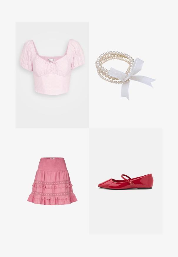 Hollister Co. UP PUFF SLEEVE - T-shirts print - pink; Pink lagdelt nederdel med smocket taljebånd, pyntet med blonder og frynsete lag, lavet af let bomuldsstof.; Røde ballerinasko i laklæder med spids snude, ankelrem og en lille rund detalje på remmen. Flad sål og glat tekstur.; Hvid perlearmbånd med flere tråde, der har forskellige størrelser af perler. Bundet med en gennemsigtig hvid båndsløjfe.