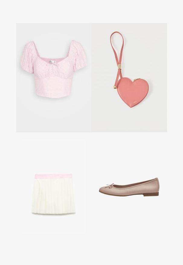 Hollister Co. UP PUFF SLEEVE - T-Shirt print - pink; Faltenrock in Elfenbein mit einem soft-pinkfarbenen Bund. Mit vertikalen Falten und einer glatten Textur, entworfen für einen strukturierten Look.; Helle rosa Leder-Balletschuhe mit einer abgerundeten Spitze, kleinem braunen Absatz und einer dekorativen Schleife an der Vorderseite. Glatte Textur und schlichtes Design.; Pinkes herzförmiges Leder-Münzetui mit Handgelenkriemen und goldenem Reißverschluss, mit kleinem goldfarbenem "Furla"-Schriftzug.