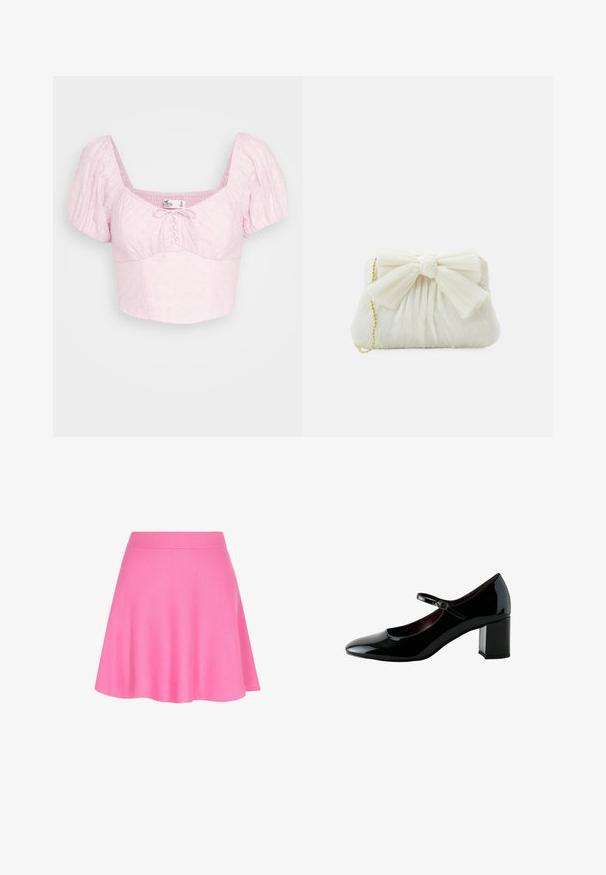 Hollister Co. UP PUFF SLEEVE - T-shirt print - pink; Roze gebreide rok met een aansluitende tailleband en een uitlopende vorm, gemaakt van zachte stof die een soepele textuur toevoegt.; Zwarte lakleren Mary Jane-schoen met een afgeronde neus, verstelbare band en een stevige blokhak van middelhoogte.; Witte geplooide clutchtas met een opvallende strikdetail en een gouden kettinghengsel. Zachte textuur met een geplooid ontwerp aan de voorkant.