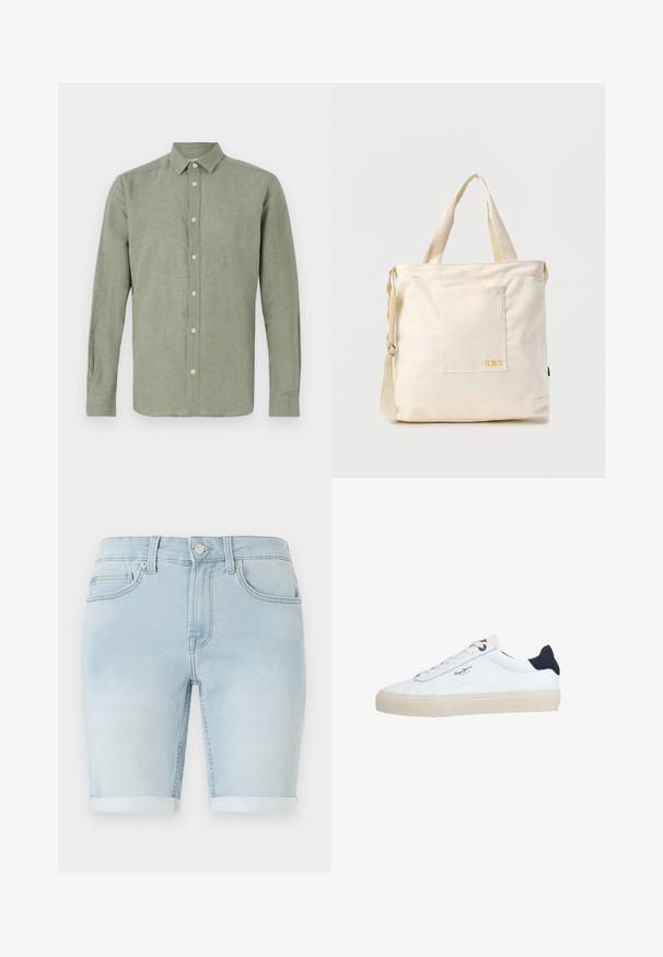 Lange mouwen, geknoopte blouse in lichtgroen, gemaakt van structuurstof, met een volledige knoopsluiting en een rechte zoom.; Lichtblauwe denim shorts met een opgerolde zoom, klassiek vijf-pocket ontwerp en een knoopsluiting aan de voorkant. Soepele textuur met een lichte vervaging.; Witte lage sneaker met een beige zool, witte veters, zwarte hielstrook en het logo "Pepe Jeans London" aan de zijkant.; Crèmekleurige canvas boodschappentas met voorvak, twee handvatten, verstelbare schouderriem en kleine gele "O.N.S" tekst rechtsonder op het vak.